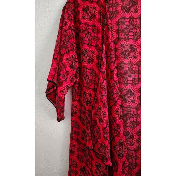 KIMONO/ROBE/COVER UP-LULAROE-Sheer-Red & Black-Black Fringe-Open Front-Size SM - Picture 4 of 13